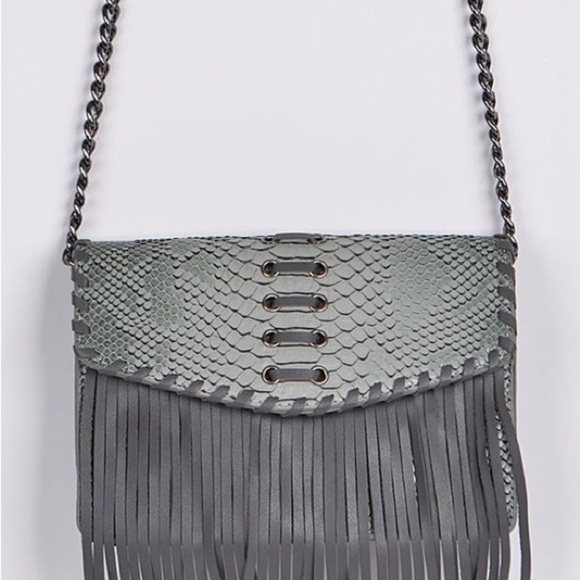 Gray Snake Print Fringe Clutch Crossbody | Animal Print Tassel Bag - Picture 9 of 9